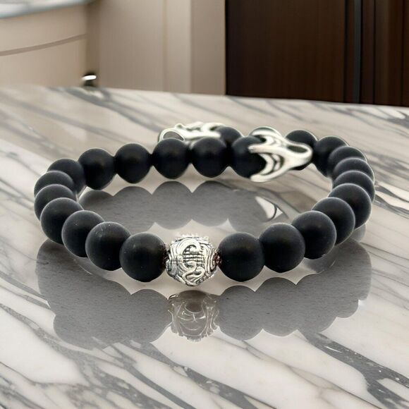 David Yurman Estate Matte Onyx Carved Prayer Beads Bracelet 8.5" Silver DY533 - Picture 1 of 12